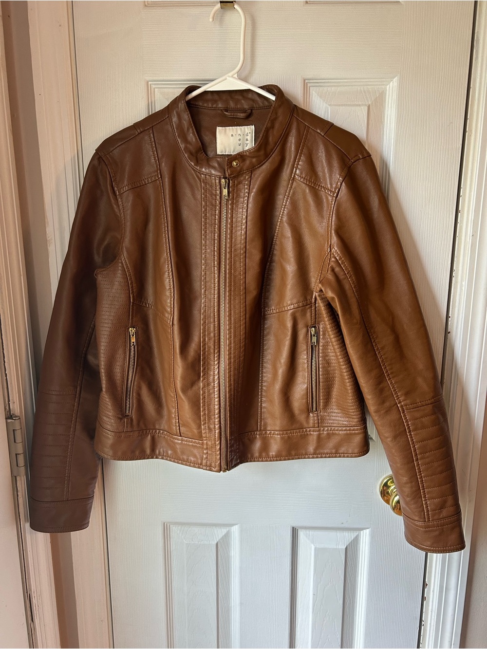 a new day Cognac Brown Leather Moto Jacket